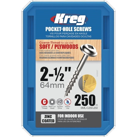 Kreg #8 2-1/2 In. Coarse Maxi-Loc Washer Head Zinc Pocket Hole Screw, 250PK SML-C250 - 250